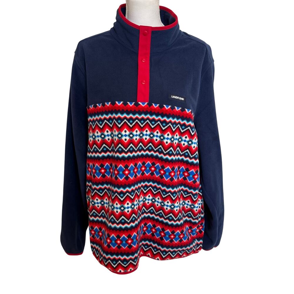 Lands End Pullover Men's XL 46/48 Red Blue Aztec Print Half Snap Athletic